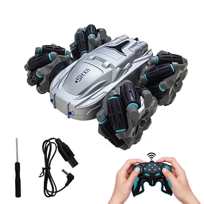 OPPCARE 2.4Ghz Remote Control Car 360° Rotating RC Stunt Cars with headlights Double-Sided Fast Flips Cars for 6-12 Year Old Kids-Silver