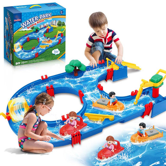 OPPCARE Kids Water Table Toy 39Pcs DIY Mini Water Park Building Blocks Toy on Table or Lawn with 2 Boats 5001