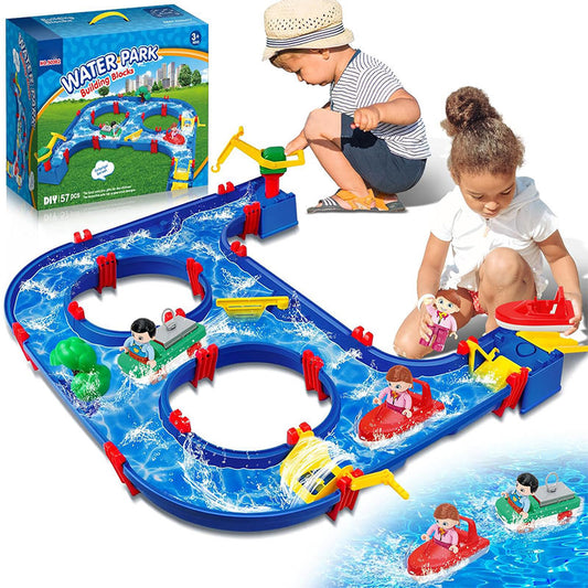 OPPCARE Kids Water Table Toy 57Pcs DIY Mini Water Park Building Blocks Toy on Table or Lawn with 2 Boats 2 Dolls 5002