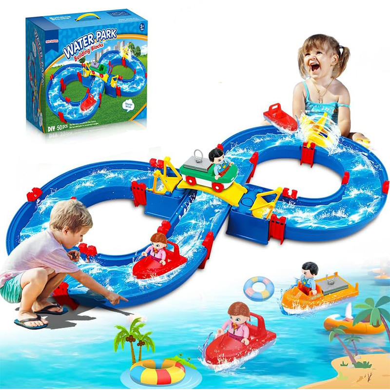 OPPCARE Kids Water Table Toy 50Pcs DIY Mini Water Park Building Blocks Toy on Table or Lawn with 2 Boats Summer Outdoor Water Games 5005