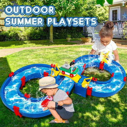 OPPCARE Kids Water Table Toy 50Pcs DIY Mini Water Park Building Blocks Toy on Table or Lawn with 2 Boats Summer Outdoor Water Games 5005